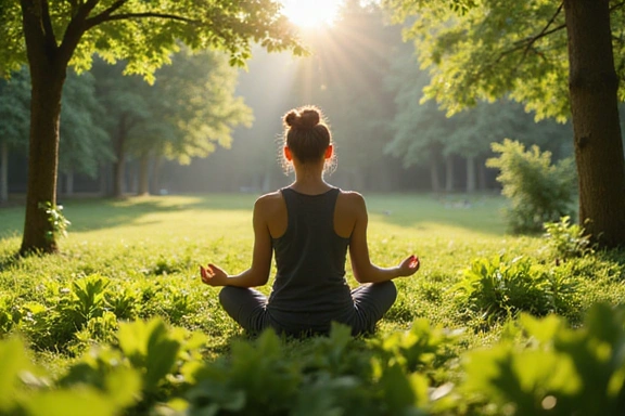A person meditating peacefully in a lush garden, representing holistic well-being and inner peace.
