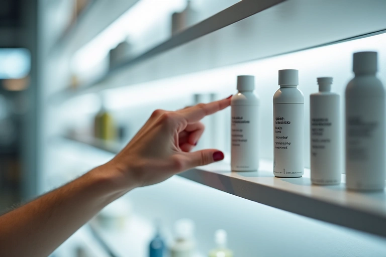 Close-up of a hand selecting a health product from a well-arranged shelf